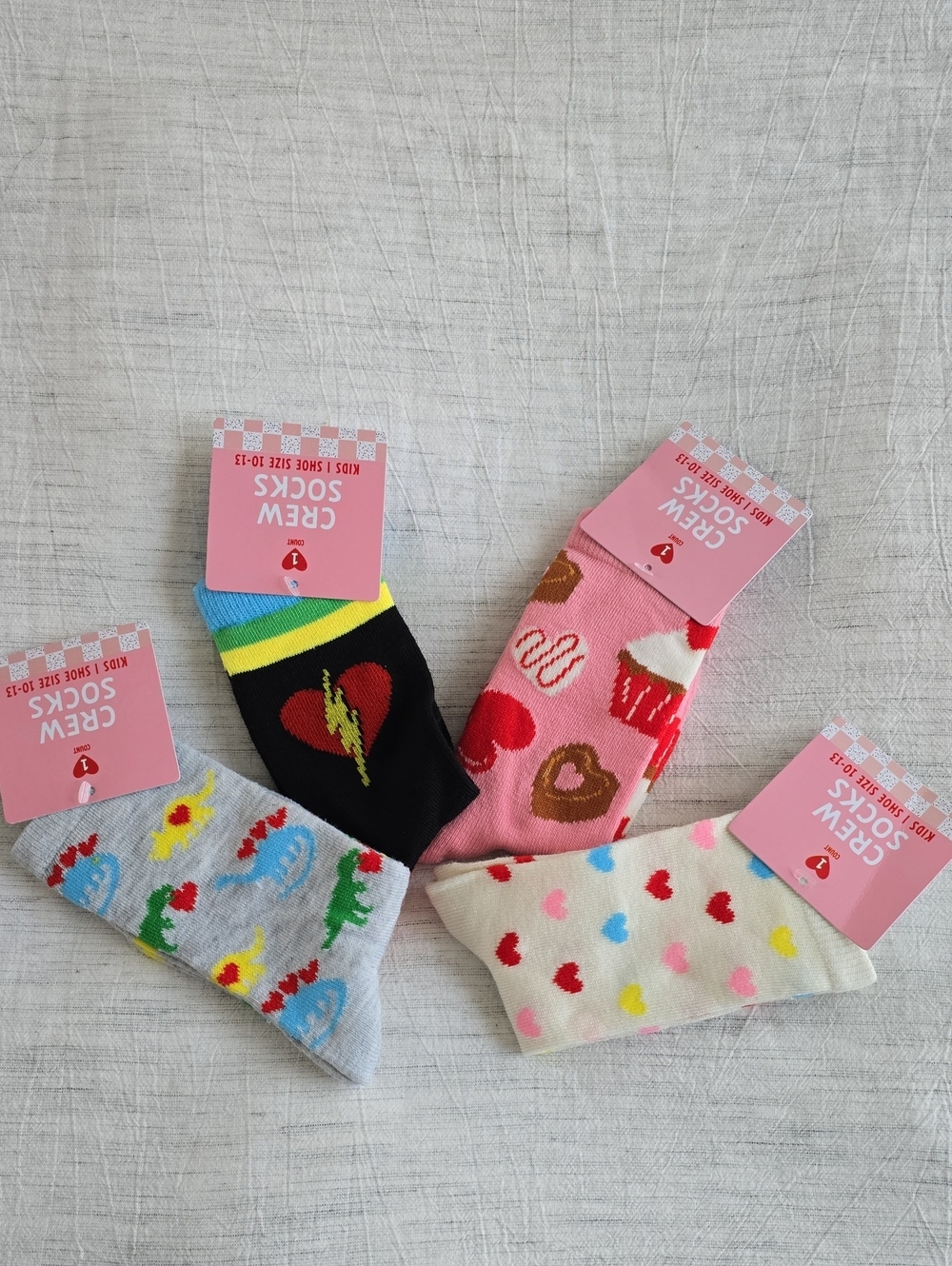 4-Pack Cute Patterned Kids Crew Socks - Hearts, Cupcakes, Lightning Heart, Dinos